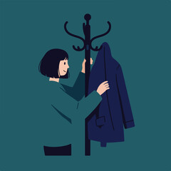Woman hangs a coat on a coat rack in a teal-backgrounded room, minimal art