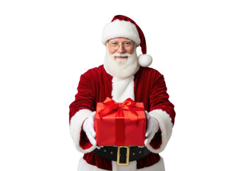 Mature caucasian Santa in red velvet suit, white gloves, and hat, presenting vibrant red gift box, isolated on transparent studio background, holiday giving concept