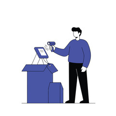Illustrated man scans a box