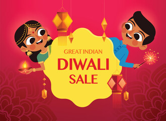 Great Indian Diwali Gift Tag with Happy Children and Lantern Decorations