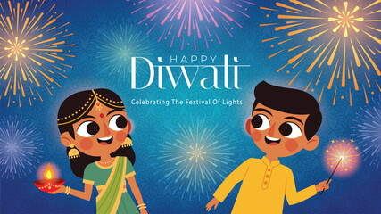 Children in Traditional Clothes in Diwali Night Fireworks Background