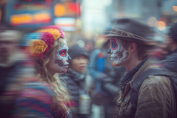 Obraz premium The day of the Dead. Blurred portrait of a fictitious young couple with painted sugar skull faces, Díaz de los Muertos, against a busy street.
