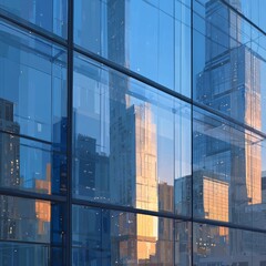 Modern glass building reflecting city skyscrapers at sunset