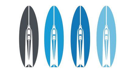Four Abstract Graphic Illustrations of Surfboards with Speed Lines and Fins in Dark Grey and Shades of Blue