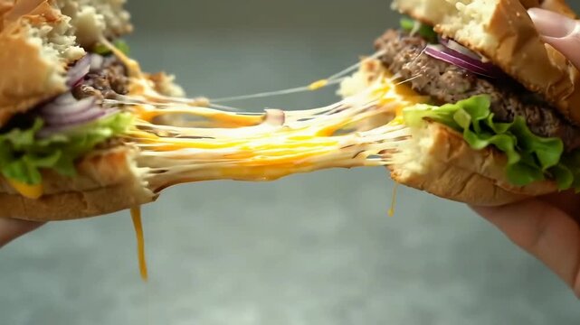 delicious cheeseburger pulled apart with melted cheese stretch