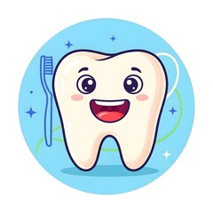 Cartoon Tooth with Toothbrush and Floss A Cheerful Dental Hygiene Illustration