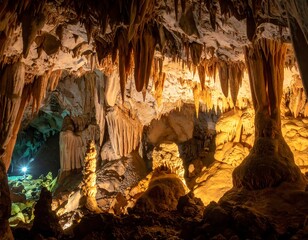 Cave interior lit by warm light