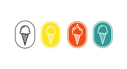 Set of stylized icons representing ice cream cones in different artistic interpretations and vibrant color schemes ideal for dessert and frozen treat branding applications