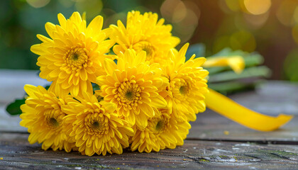 Yellow chrysanthemums on wooden table surface outdoor. Beautiful flowers.