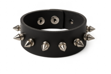 Black leather punk rock wristband with metal spikes