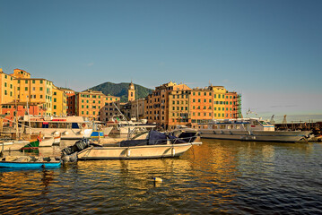 Scorcio del porto di Camogli con barche ormeggiate e luce dorata sul mare	
