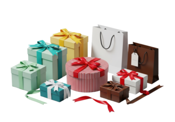 Luxury gift boxes (square, rectangular, round, red/white stripes) & elegant shopping bags (mint, teal, white, yellow, red, brown) with satin ribbons on transparent. Concept for luxury retail