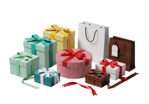 Luxury gift boxes (square, rectangular, round, red/white stripes) & elegant shopping bags (mint, teal, white, yellow, red, brown) with satin ribbons on transparent. Concept for luxury retail