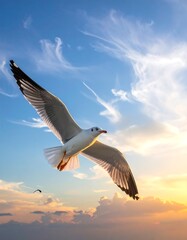 A seagull soaring in a vibrant sunset sky