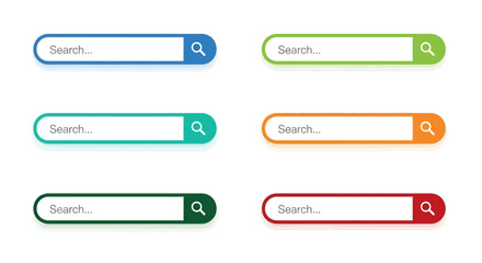Fototapeta premium Collection of colorful rounded search bar UI elements with magnifying glass icons for web design and user interface applications