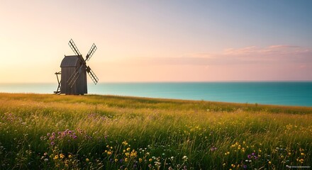 Fototapeta premium Escape to tranquility with this picturesque windmill on a vibrant wildflower meadow overlooking the serene ocean at sunset, perfect for travel and nature themes