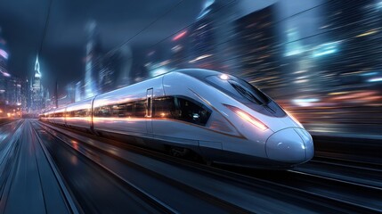 A sleek high-speed train cruises through a bustling urban landscape at night. City lights create a lively atmosphere as the train moves swiftly.