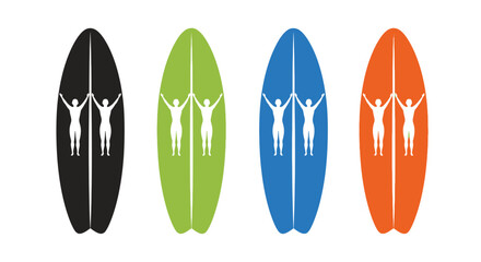 Four Colorful Surfboards Each Depicting Silhouettes of Three People Holding Hands Together Reaching Upwards in a Celebratory Manner
