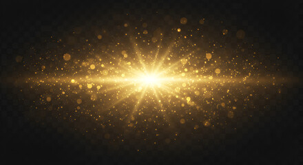 Obraz premium Golden light effect with sparkles and glitters on a dark transparent background