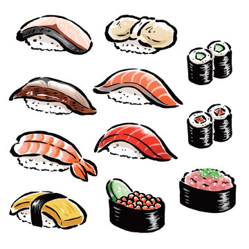 色々なお寿司　筆タッチ手描きイラスト