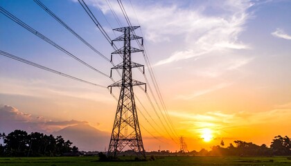 Electric tower and transmission lines at sunset in Indonesia, symbol of national electricity and energy infrastructure