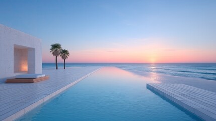 Luxurious Modern Villa Exterior with Infinity Pool at Sunset with Blue and Orange Sky