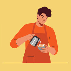 Barista pours foamed milk into espresso