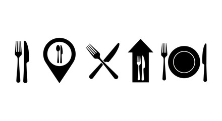 Dining Icons Representing Various Aspects of Food Service and Hospitality Businesses Including Location and Takeout Options