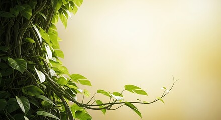 Obraz premium Lush vibrant green foliage cascading down with soft golden light shining through, perfect for nature-inspired designs or calming wellness backgrounds