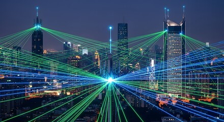 Fototapeta premium Futuristic city skyline at night with glowing fiber optic network connecting buildings, representing advanced communication and data transfer technology