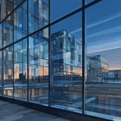 Modern glass building reflecting cityscape at dusk