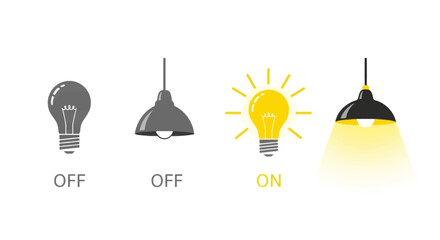 Illumination status of lamps showing off and on states with light bulbs and fixtures depicted in a clean graphic illustration