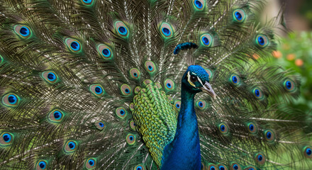 Fototapeta premium Majestic Peacock Displaying Its Stunning Plumage in Nature