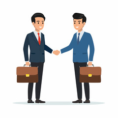 Obraz premium Two businessmen in suits shake hands, holding briefcases, symbolizing a deal or partnership.