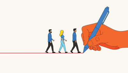 Fototapeta premium Vector art of orange hand drawing a line with a blue pen, with three diverse people walking on the line, symbolizing guidance and direction 