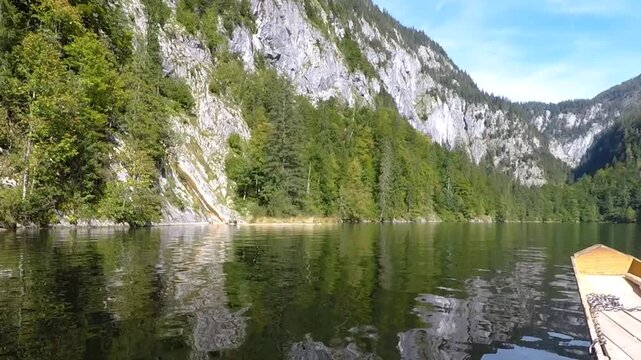 Waterfall, on Lake Toplitzsee,  Boat trip, Subjective tracking shot, Salzkammergut, Styria, Austria