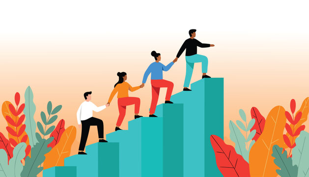 Vector art of teamwork and collaboration people climbing stairs together, symbolizing success, growth, and achieving goals with mutual support and unity 