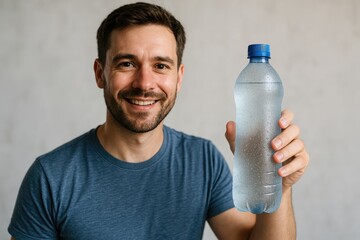 Smiling adult male in blue T-shirt holds clear plastic water bottle toward camera
