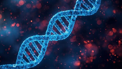 Abstract glowing blue dna double helix structure with red particles in dark background