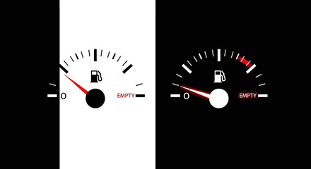 Fuel Gauge Indicators Showing Different Levels of Gasoline with One Displaying Nearly Empty and the Other Showing Very Low on Black and White Backgrounds