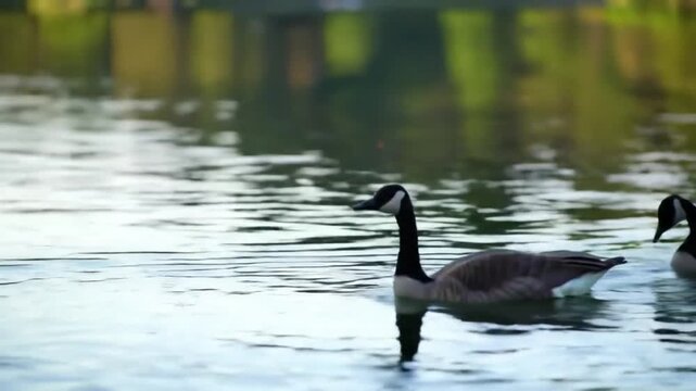 A pair of Canada geese swim gracefully across a calm, reflective lake with a soft-focus background.