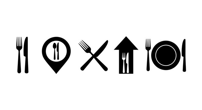 A collection of six distinct black and white vector icons representing food and dining experiences with a minimalist design aesthetic