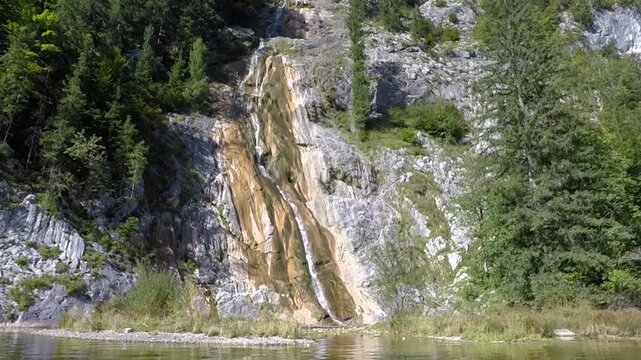 Waterfall, on Lake Toplitzsee,  Boat trip, Subjective tracking shot, Salzkammergut, Styria, Austria