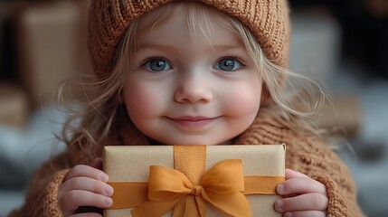 Cute little girl holding gift with yellow ribbon