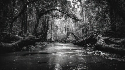Monochrome river flows in a serene dense forest, fallen trees lining the banks