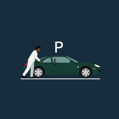 Man pushes car in parking space, depicted in a flat, illustrative style