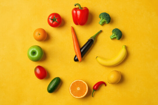 Colorful assortment of fresh fruits and vegetables arranged in circle on yellow background