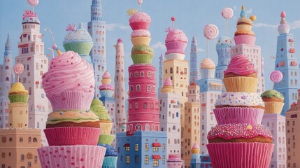 Giant cupcake city with candy skyscrapers, imaginative whimsical style