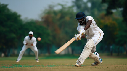 Cricket players in white uniforms during match, batsman hitting ball with bat, action shot on outdoor field, concept of sports competition and teamwork. cricket match, batsman acti