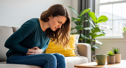 Young woman experiencing painful stomach cramps at home, seeks relief from digestive issues and discomfort in a comfortable, modern living room setting